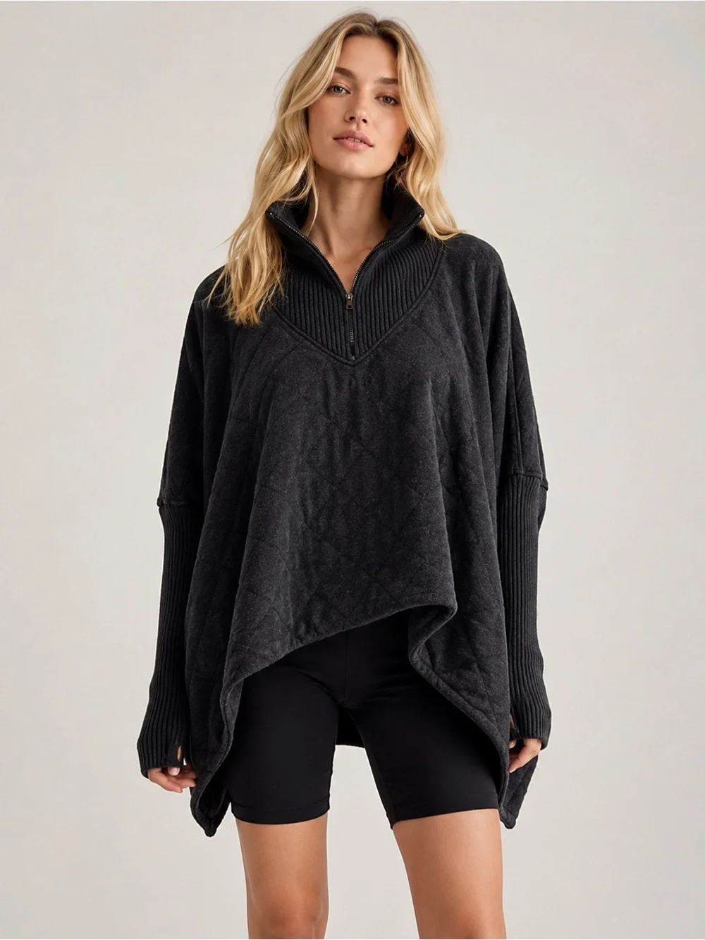 Free People Shiloh 3/4 Zip Quilted Low-High Sweatshirt Charcoal Size Large 25645